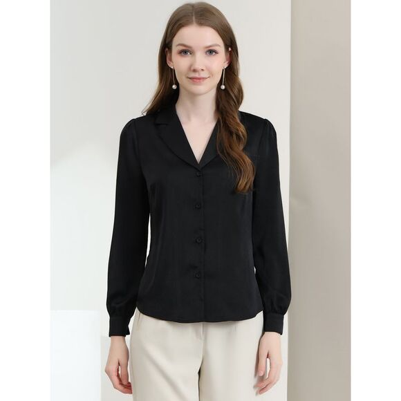 Women's Collar Blouse Long Sleeve Satin Button Down Shirt Black - Picture 2 of 6